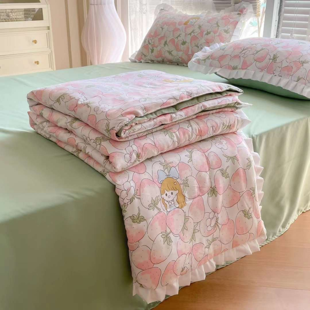 Bộ Chăn Ga Gối Đũi Viền Bèo Xếp Li 4 Món Nhập Khẩu Cao Cấp Họa Tiết Dễ Thương Đủ Kích Thước, Set Mền Ga Gối Đũi Mềm Mịn