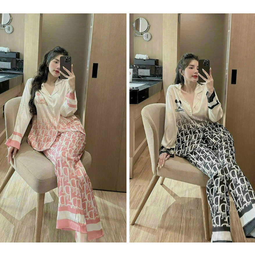 Set đồ nữ, đồ ngủ nữ tay dài lụa xước cổ vest, đồ mặc nhà nữ tay dài siêu mềm mịn, pijama lụa dài tiểu thư mickey