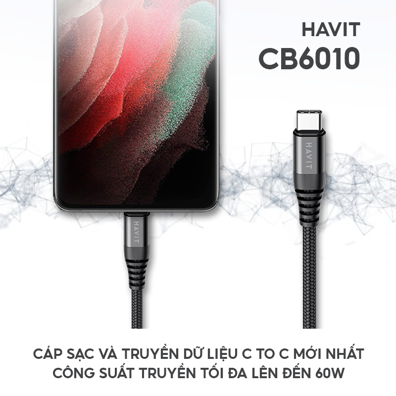 Cáp Sạc C to C HAVIT CB6010 Độ Dài 1.2m, Sạc Và Truyền Dữ Liệu Đến 60W, Bện Nylon Cao Cấp - Hàng Chính Hãng (Đen)