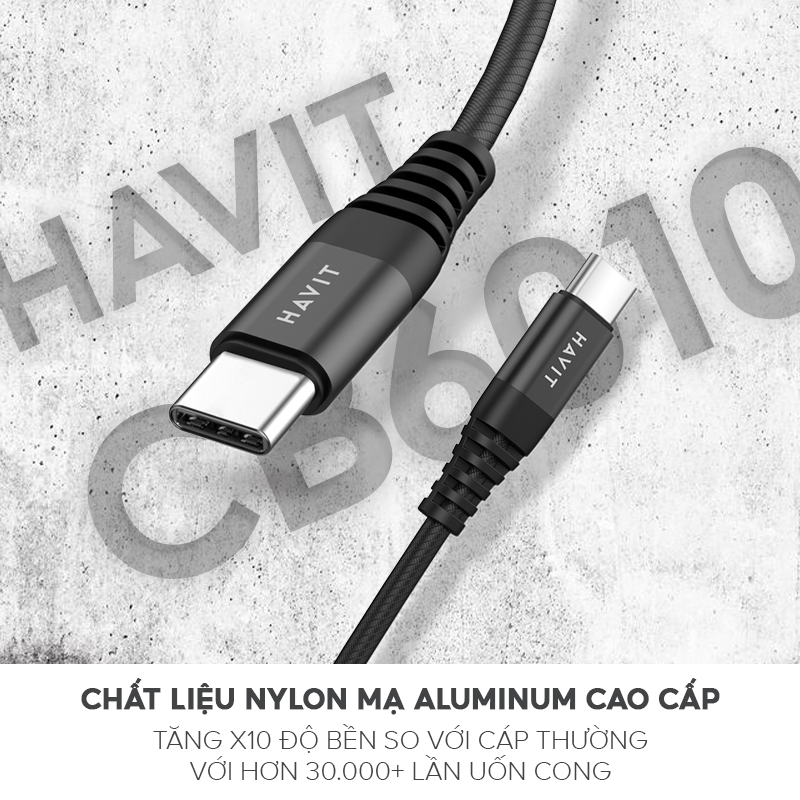 Cáp Sạc C to C HAVIT CB6010 Độ Dài 1.2m, Sạc Và Truyền Dữ Liệu Đến 60W, Bện Nylon Cao Cấp - Hàng Chính Hãng (Đen)