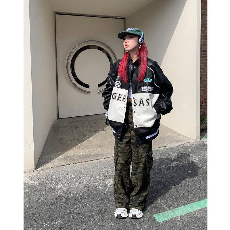 Áo khoác bóng chày da pu phối màu hoạ tiết chữ Geesas in thời trang nam nữ