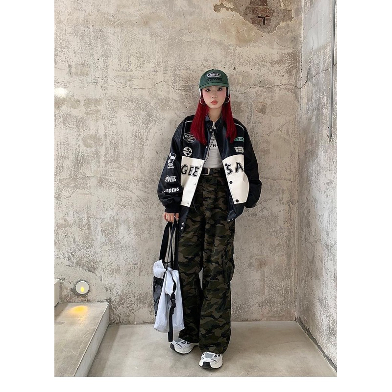 Áo khoác bóng chày da pu phối màu hoạ tiết chữ Geesas in thời trang nam nữ