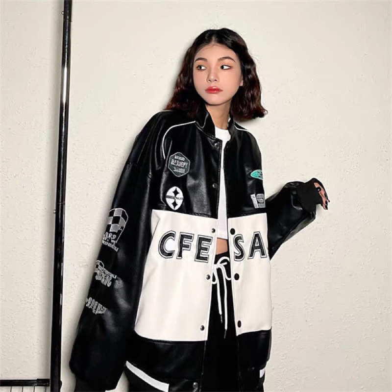 Áo khoác bóng chày da pu phối màu hoạ tiết chữ Geesas in thời trang nam nữ