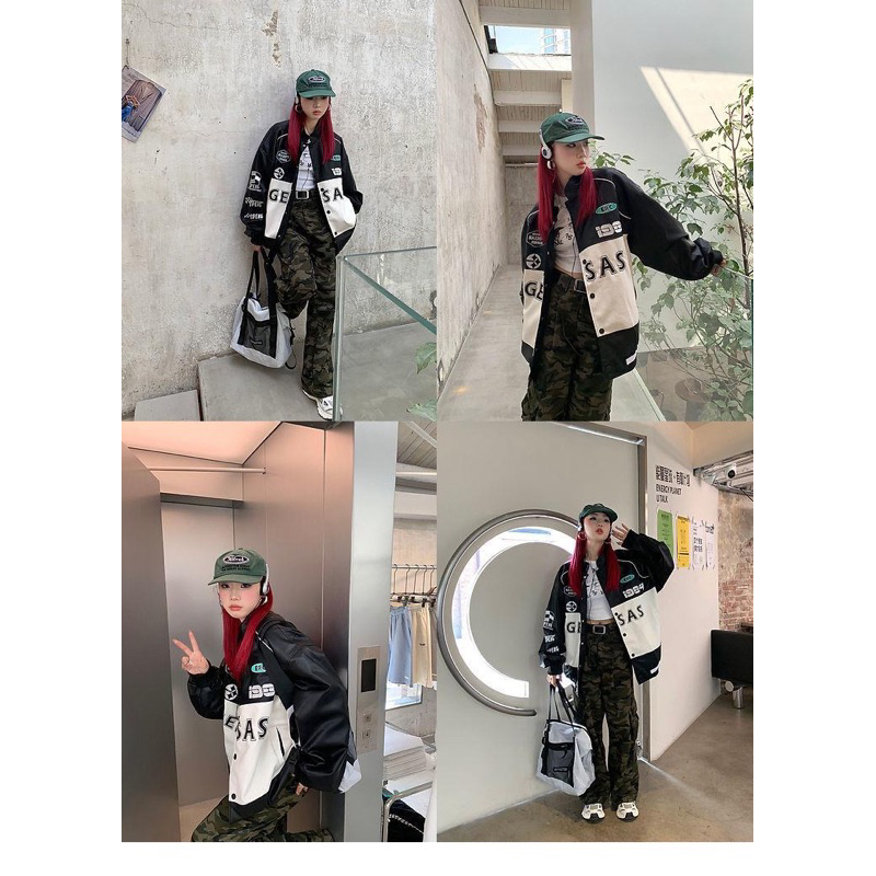 Áo khoác bóng chày da pu phối màu hoạ tiết chữ Geesas in thời trang nam nữ