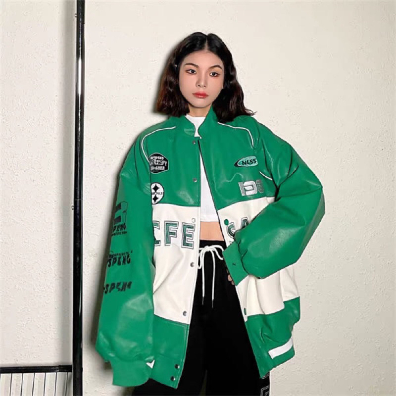 Áo khoác bóng chày da pu phối màu hoạ tiết chữ Geesas in thời trang nam nữ