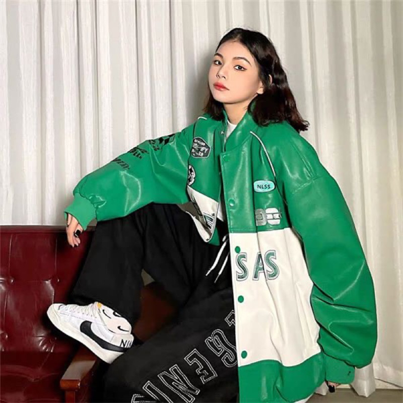 Áo khoác bóng chày da pu phối màu hoạ tiết chữ Geesas in thời trang nam nữ