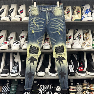 Quần Jean Nam Amiri Slimfit Wash Xanh Vàng in hình cây dừa phối rách tua gối vá da Quần Cây Dừa Nam Xanh Sẫm