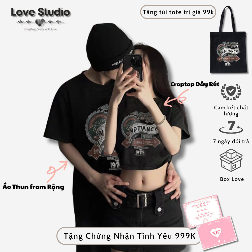 Set Đồ Đôi nam nữ cùng người yêu mùa hè áo thun croptop baby tee dây rút màu đen A032 tặng kèm túi tote L66