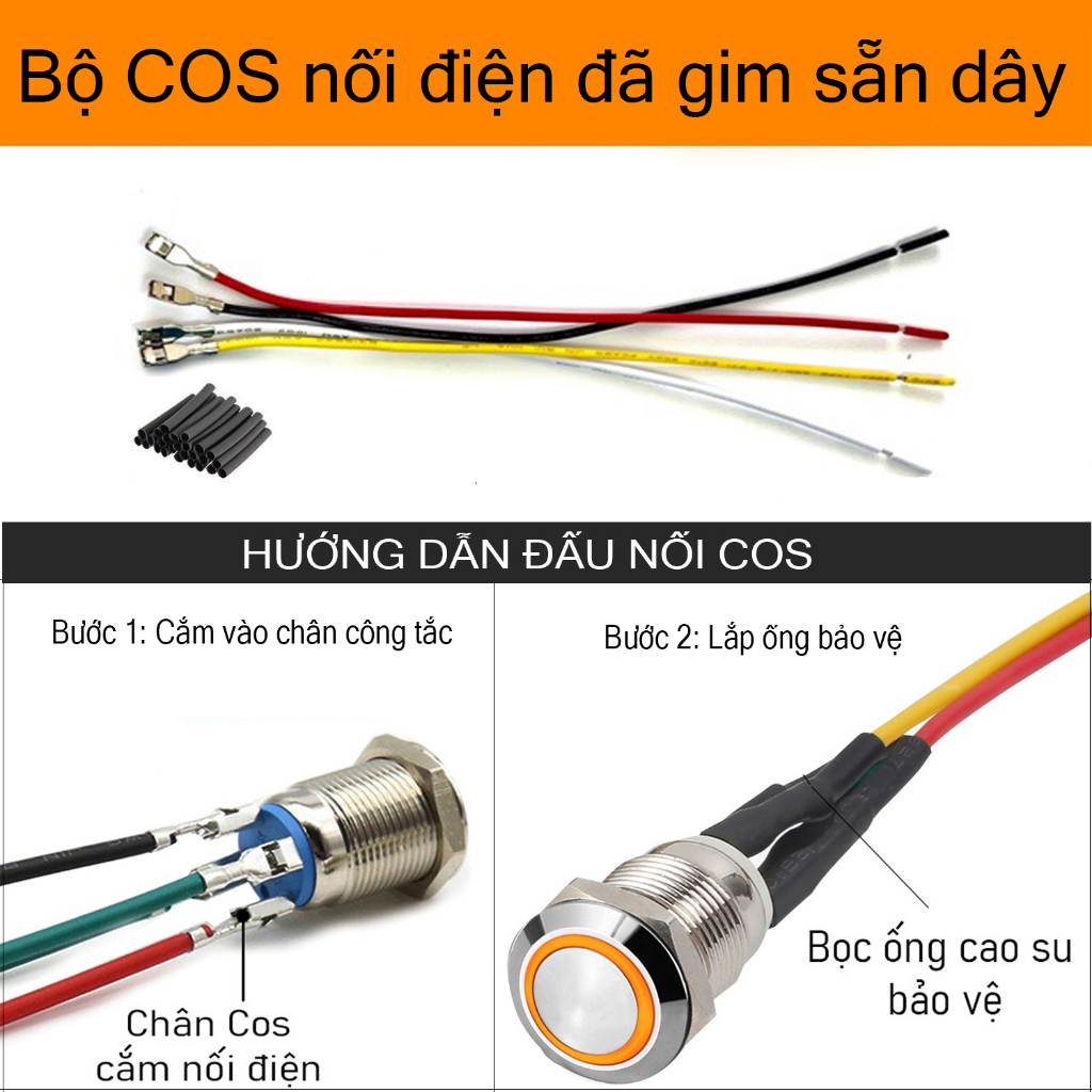 Chân Jack nối công tắc 12/16/19/22mm, Loại có dây đèn LED