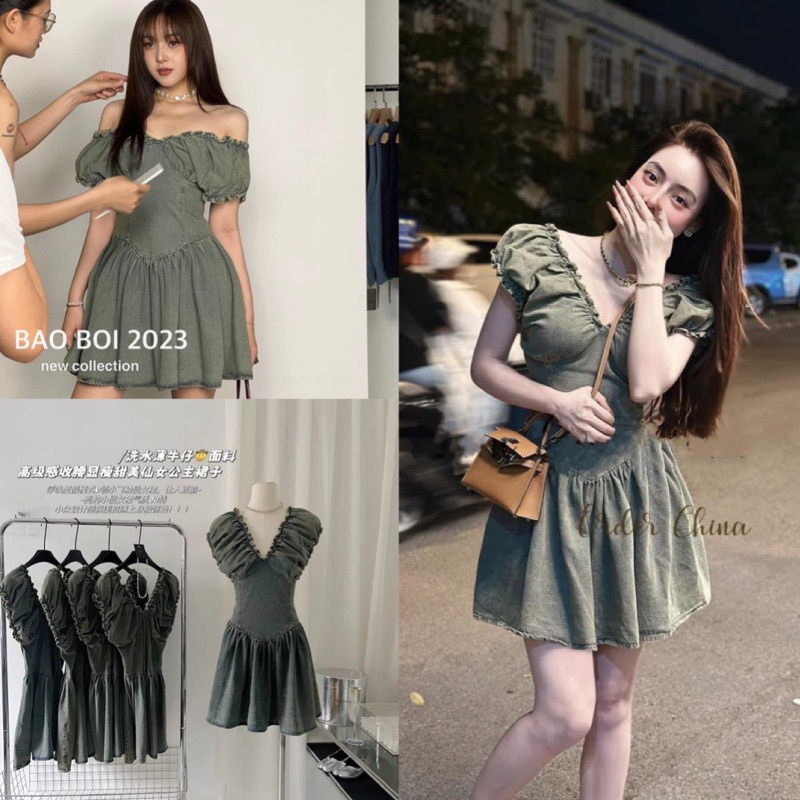 Váy bò cổ V nhún vai dày dặn (kèm ảnh thật và video)