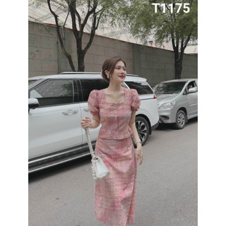 Set áo nút bọc mocking thân sau cột nơ kèm chân váy dài màu y hình caro bố T1175
