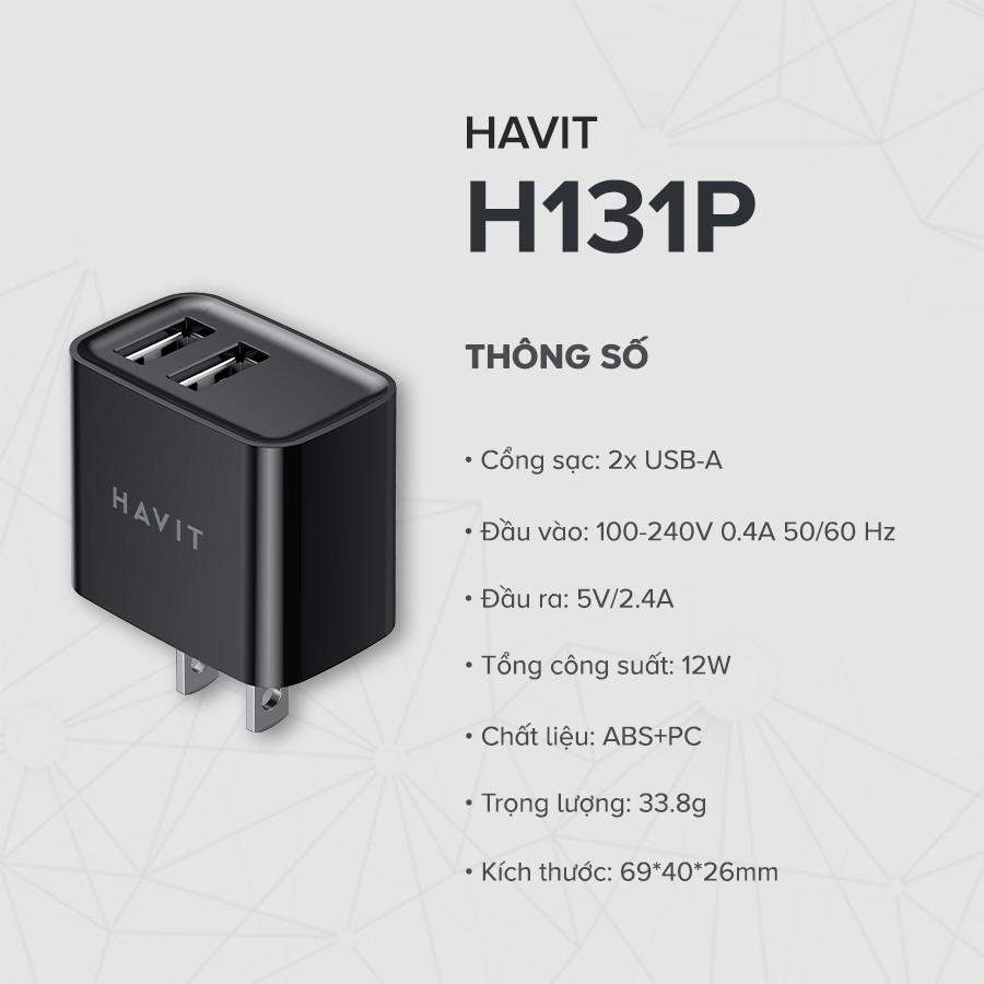 Cốc Sạc 2 Cổng HAVIT H131P, Ai Power, Công Suất Tối Đa 12W - Hàng Chính Hãng (Đen)