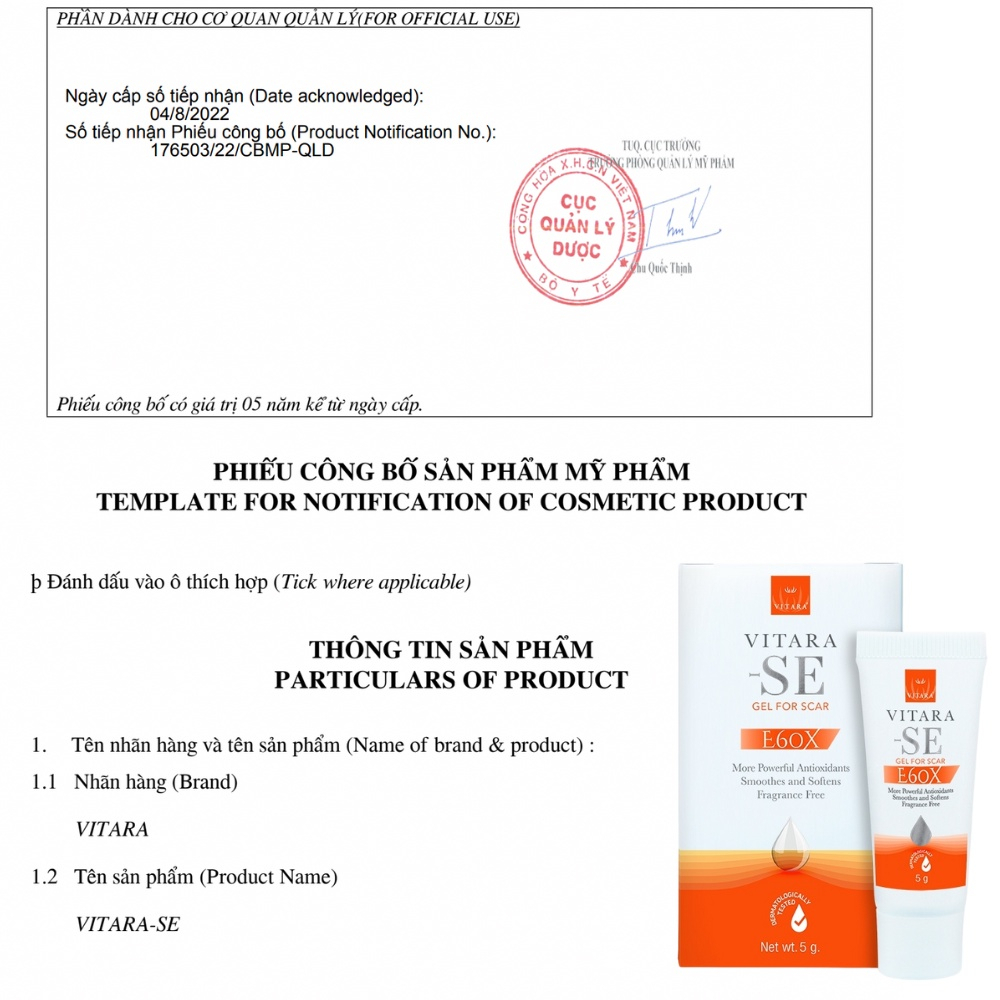 Kem mờ sẹo Vitara SE gel thoạ sẹo thâm rỗ giảm quá trình hình thành sẹo, mờ sẹo thâm, sẹo mụn 5g hoặc 15g