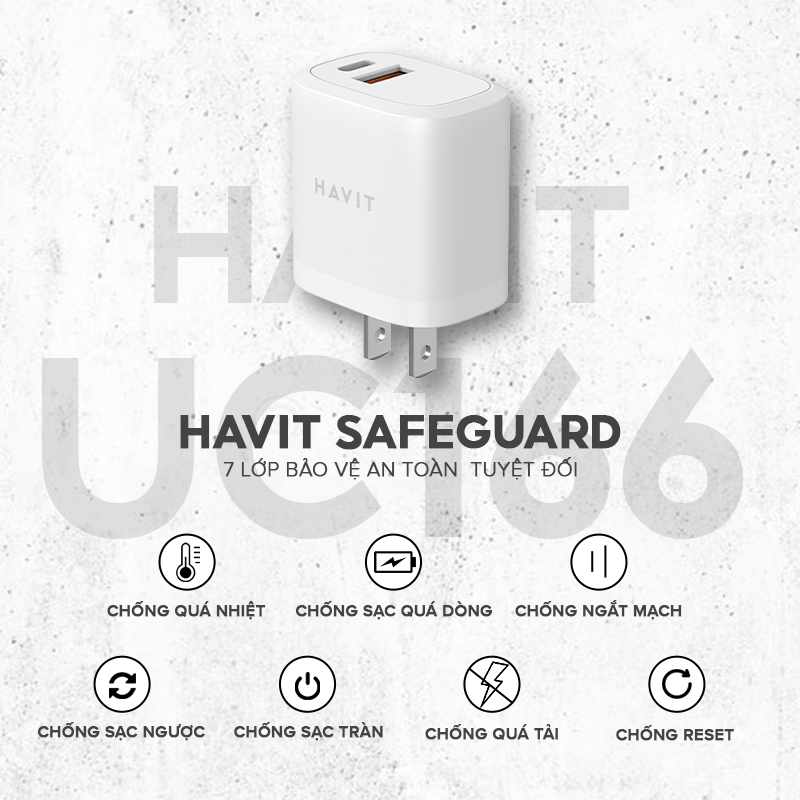 Cốc Sạc 2 Cổng HAVIT UC166, Sạc Nhanh Type C Power Delivery 20W, Cổng USB-A 12W - Hàng Chính Hãng