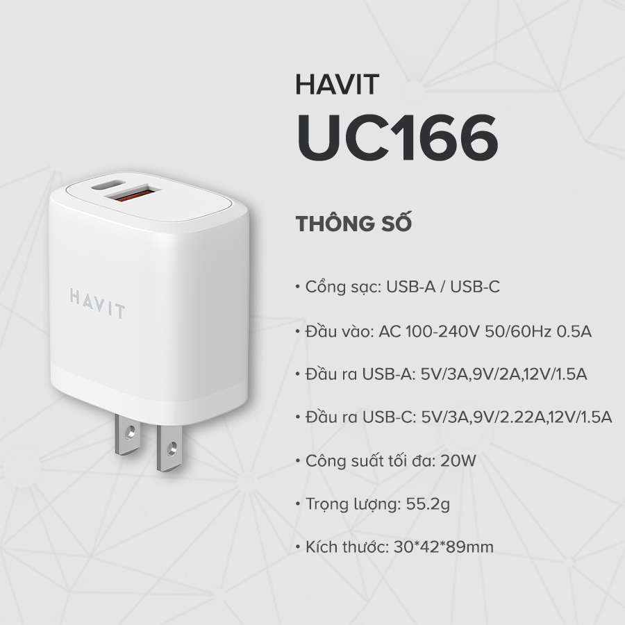 Cốc Sạc 2 Cổng HAVIT UC166, Sạc Nhanh Type C Power Delivery 20W, Cổng USB-A 12W - Hàng Chính Hãng