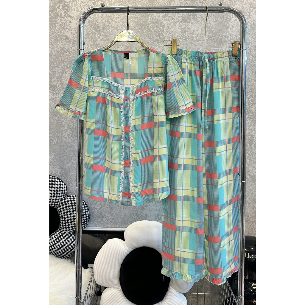 Bộ Tole Dài Tay Lỡ Cổ Vuông phối ren tiểu thư size (40-62kg)