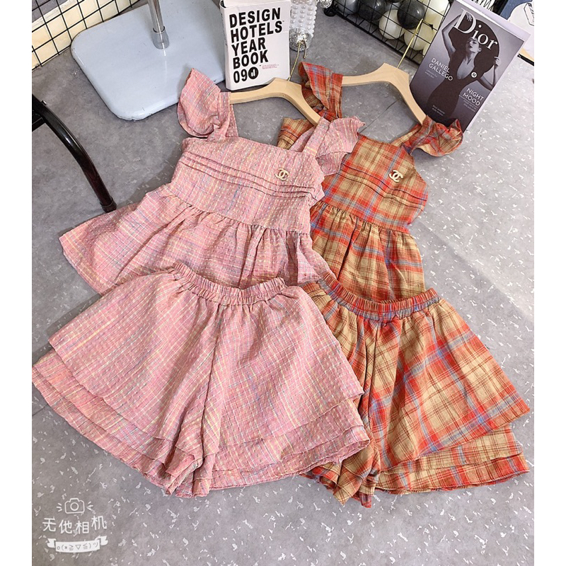 Set bộ cánh tiên kẻ áo babydoll phối quần bèo tầng