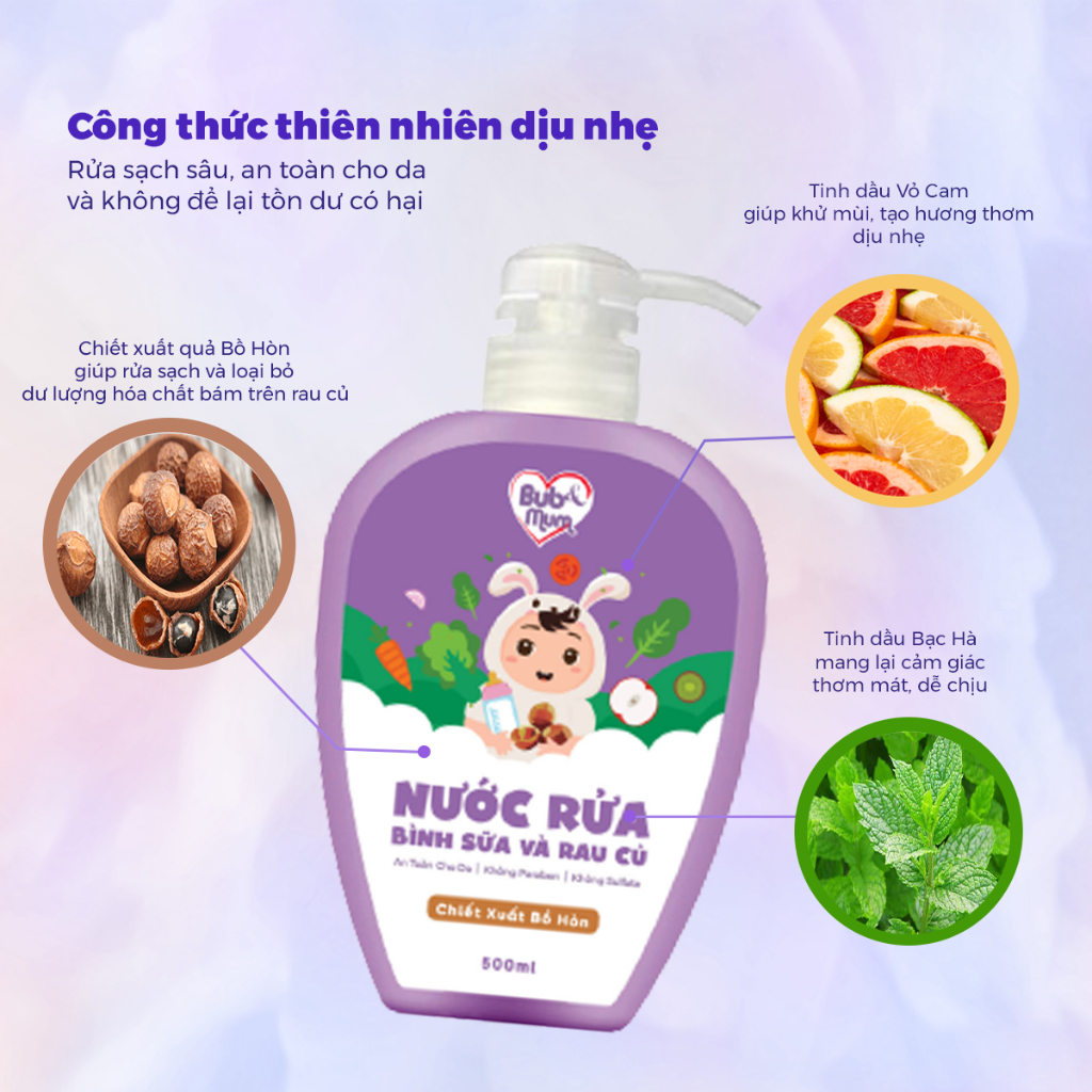 Combo Nước Rửa Bình Sữa & Rau Củ Quả 500ml Và Chai Lăn Làm Dịu Vết Côn Trùng Cắn Tinh Dầu Mù U + Oải Hương 10ml Bub&Mum