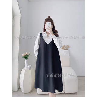 Váy bầu đẹp- đầm bầu đẹp dáng công sở- giả yếm đen phối trắng