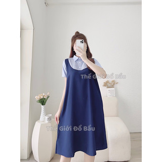 Váy bầu xanh phối kẻ cổ đức V01