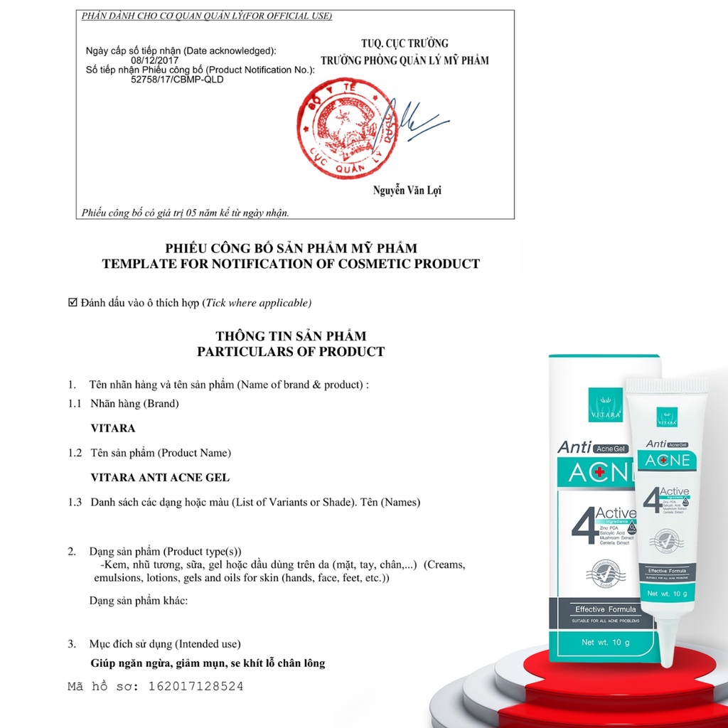 Gel bôi mụn 4 tác động VITARA ANTI ACNE GEL