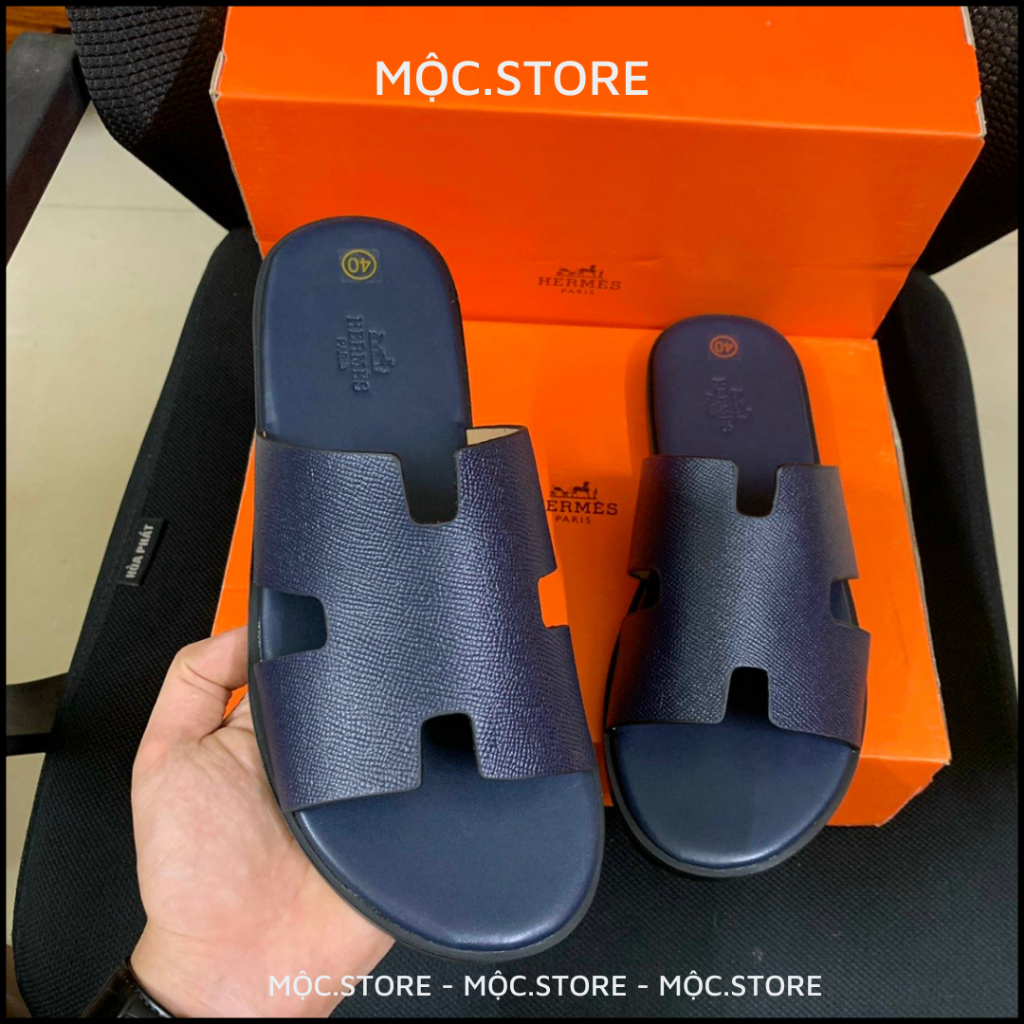 Dép Hermes  Nam, Dép Da Cao Cấp Màu Than Đế Cao Su Bền Đẹp, Da Thật 100% Phong Cách Thời Thượng, Có  BH
