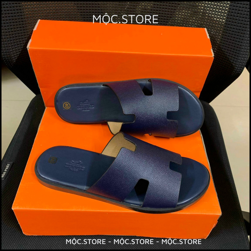 Dép Hermes  Nam, Dép Da Cao Cấp Màu Than Đế Cao Su Bền Đẹp, Da Thật 100% Phong Cách Thời Thượng, Có  BH