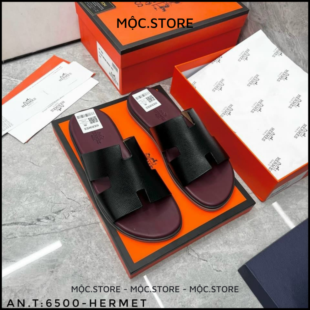 Dép Hermes  Nam, Dép Da Cao Cấp Màu Mận/Đen Cao Su Bền Đẹp, Da Thật 100% Phong Cách Thời Thượng, Có  BH