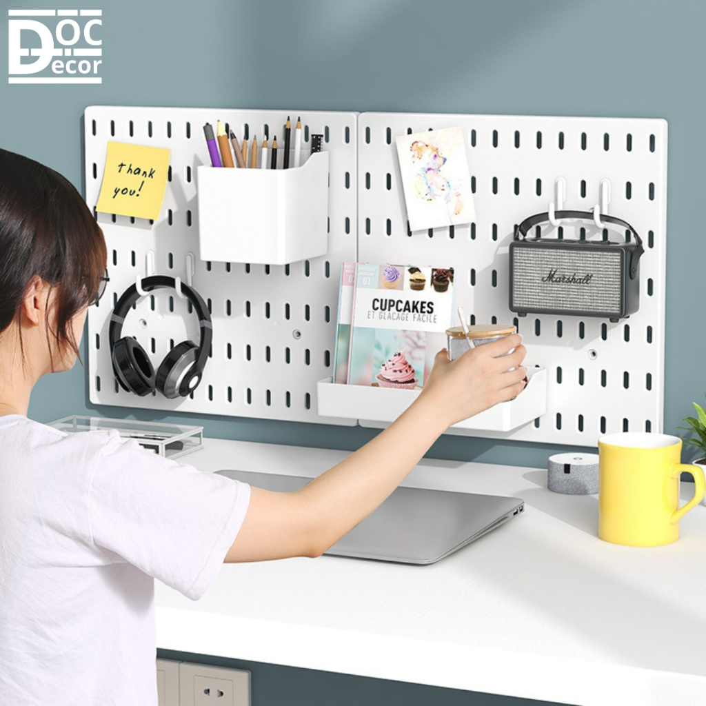 Kệ treo tường pegboard decor phòng ngủ bàn học bàn làm việc, pegboard dán tường không khoan đục