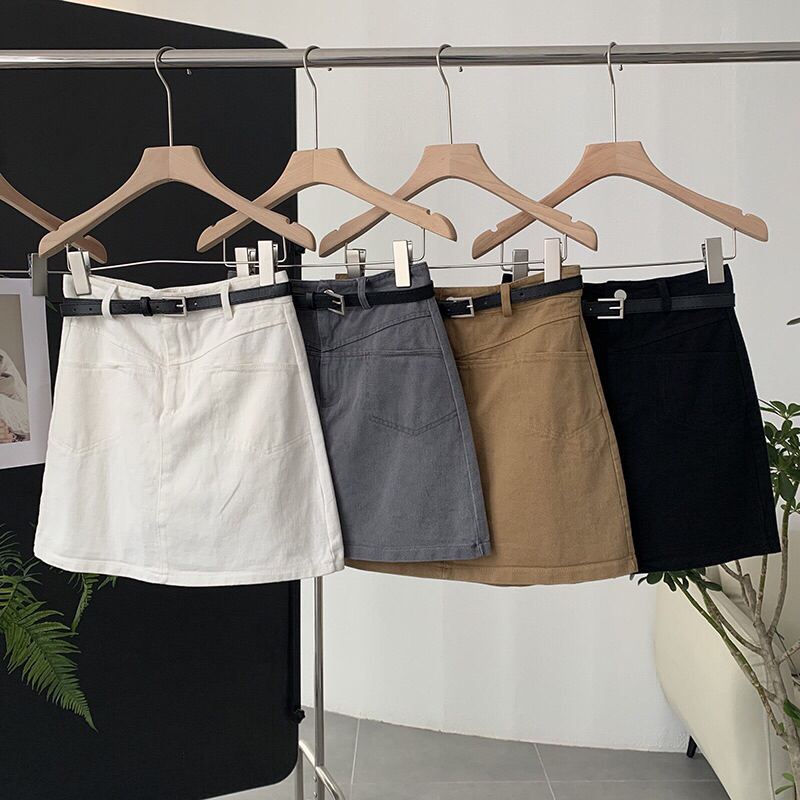 Chân váy kaki chữ A có túi phía trước kèm thắt lưng 4 màu Thời trang