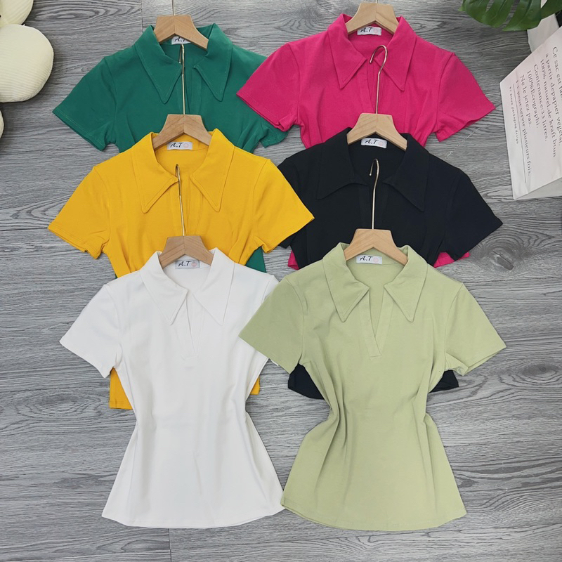 Áo thun dáng ôm nữ Tay Ngắn cổ bẻ V trơn