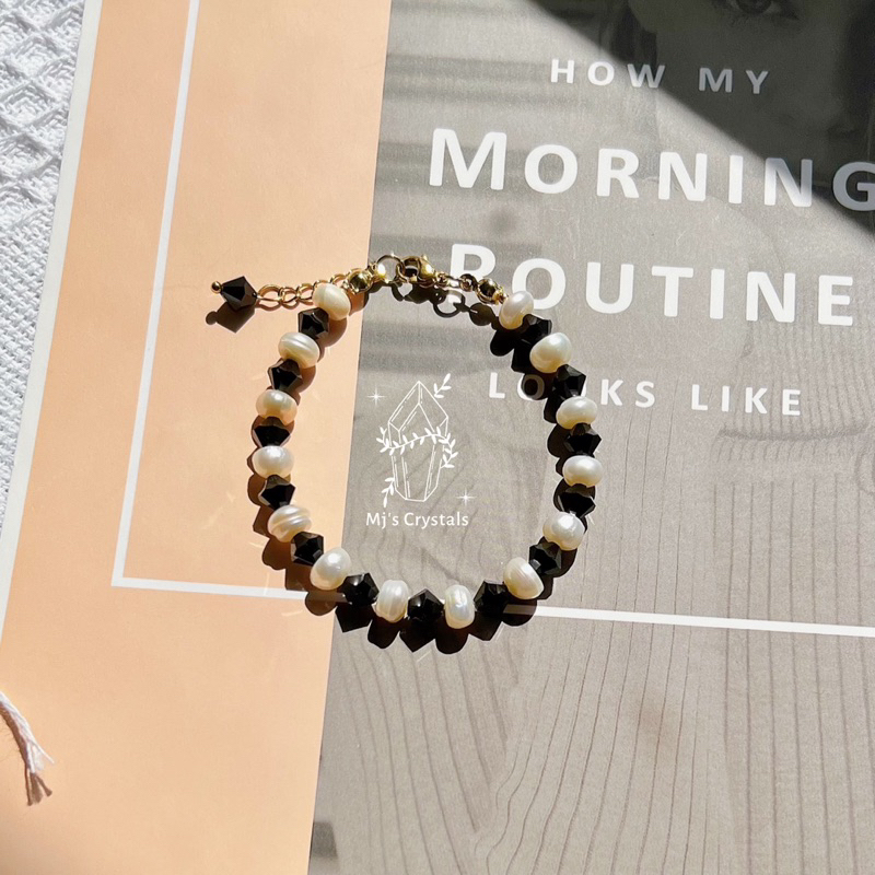 Vòng tay Black Spinel 5li mix Freshwater Pearls xinh đẹp cực sang