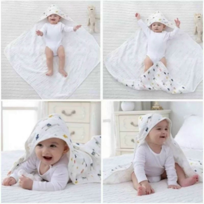 Ủ Xô 4 Lớp / Chăn Choàng Có Mũ Siêu Mềm Mại Cho Bé Loại Đẹp 70x70cm