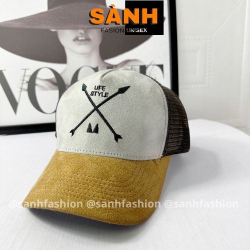 Mũ lưỡi trai thêu hình chữ LIFE STYLE Nón kết chất da lộn vá lưới thời trang cao cấp form unisex nam nữ K34