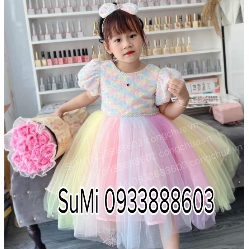 Đầm công chúa hoa hồng bảy sắc cầu vồng cho bé