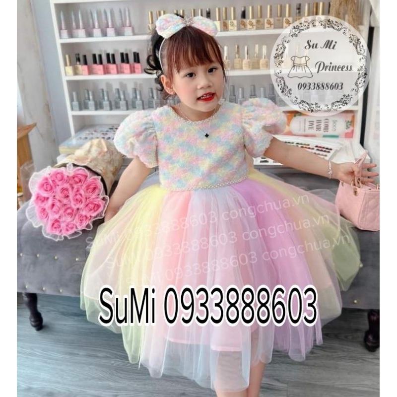 Đầm công chúa hoa hồng bảy sắc cầu vồng cho bé