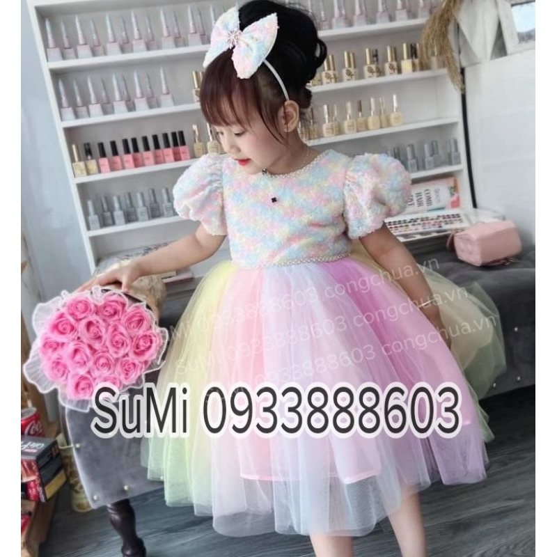 Đầm công chúa hoa hồng bảy sắc cầu vồng cho bé