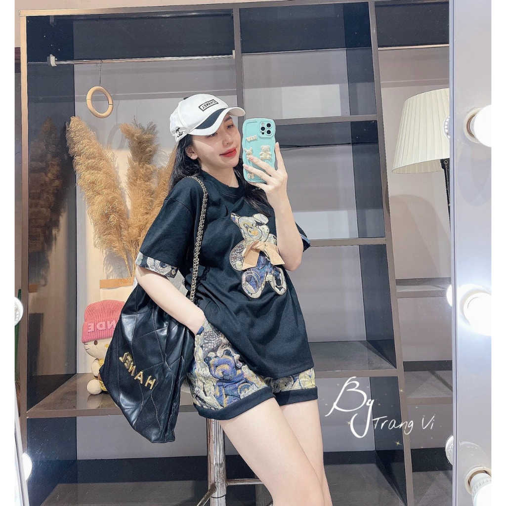 Sét bộ thun nữ phong cách trẻ,bộ đùi from rộng họa tiết 3D in Gấu cực xinh hàng quảng châu cao cấp