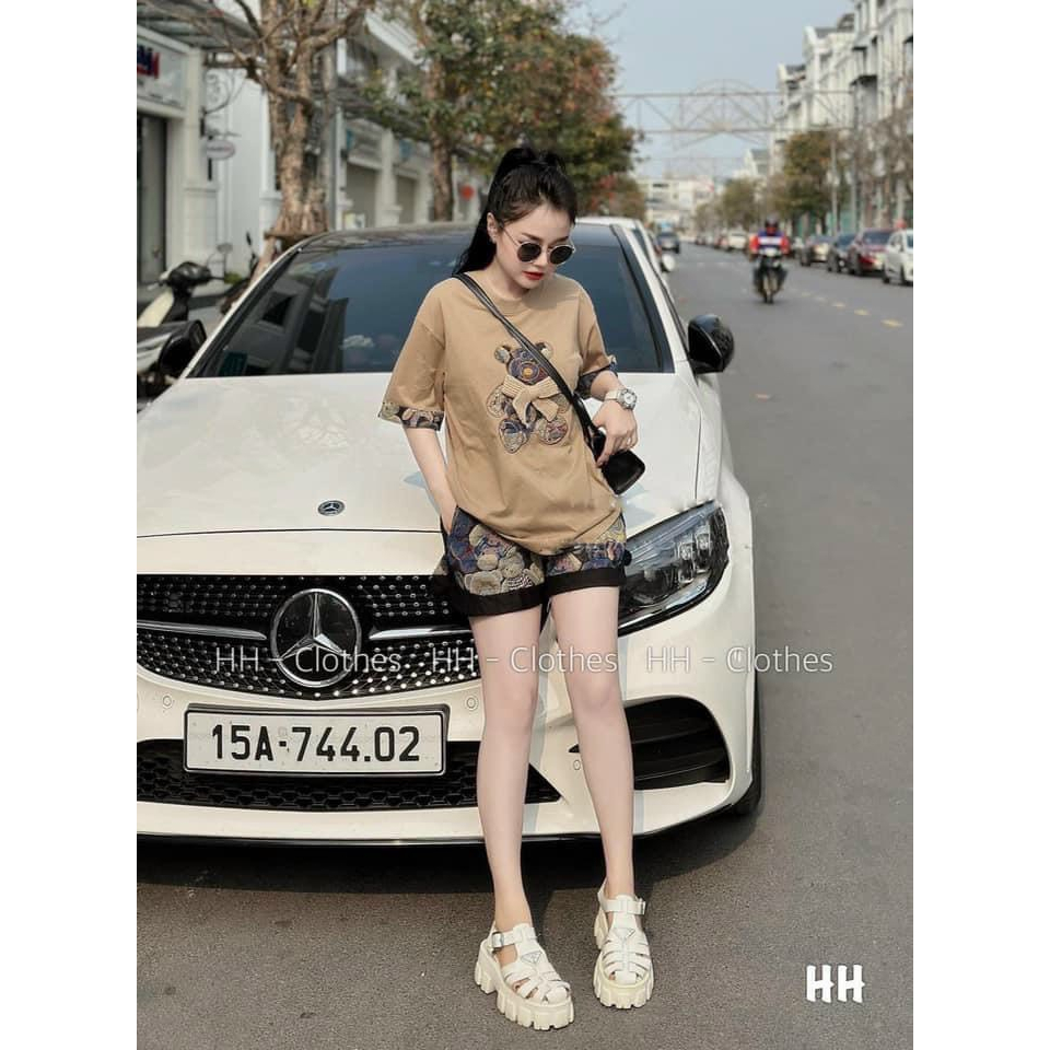 Sét bộ thun nữ phong cách trẻ,bộ đùi from rộng họa tiết 3D in Gấu cực xinh hàng quảng châu cao cấp