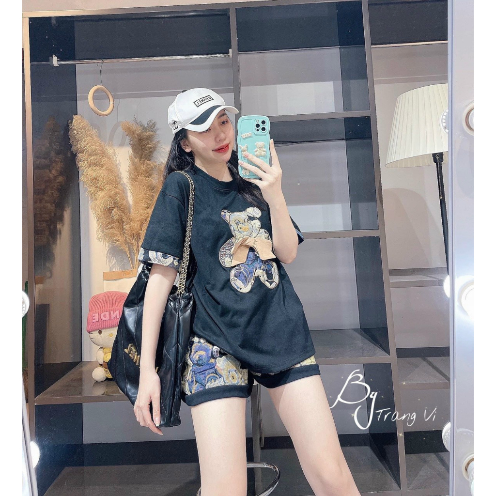 Sét bộ thun nữ phong cách trẻ,bộ đùi from rộng họa tiết 3D in Gấu cực xinh hàng quảng châu cao cấp