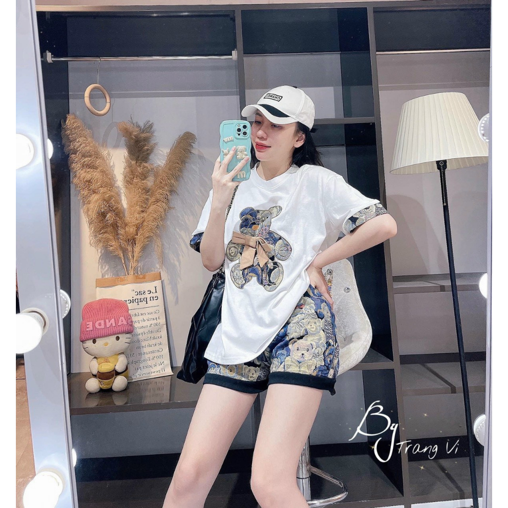 Sét bộ thun nữ phong cách trẻ,bộ đùi from rộng họa tiết 3D in Gấu cực xinh hàng quảng châu cao cấp