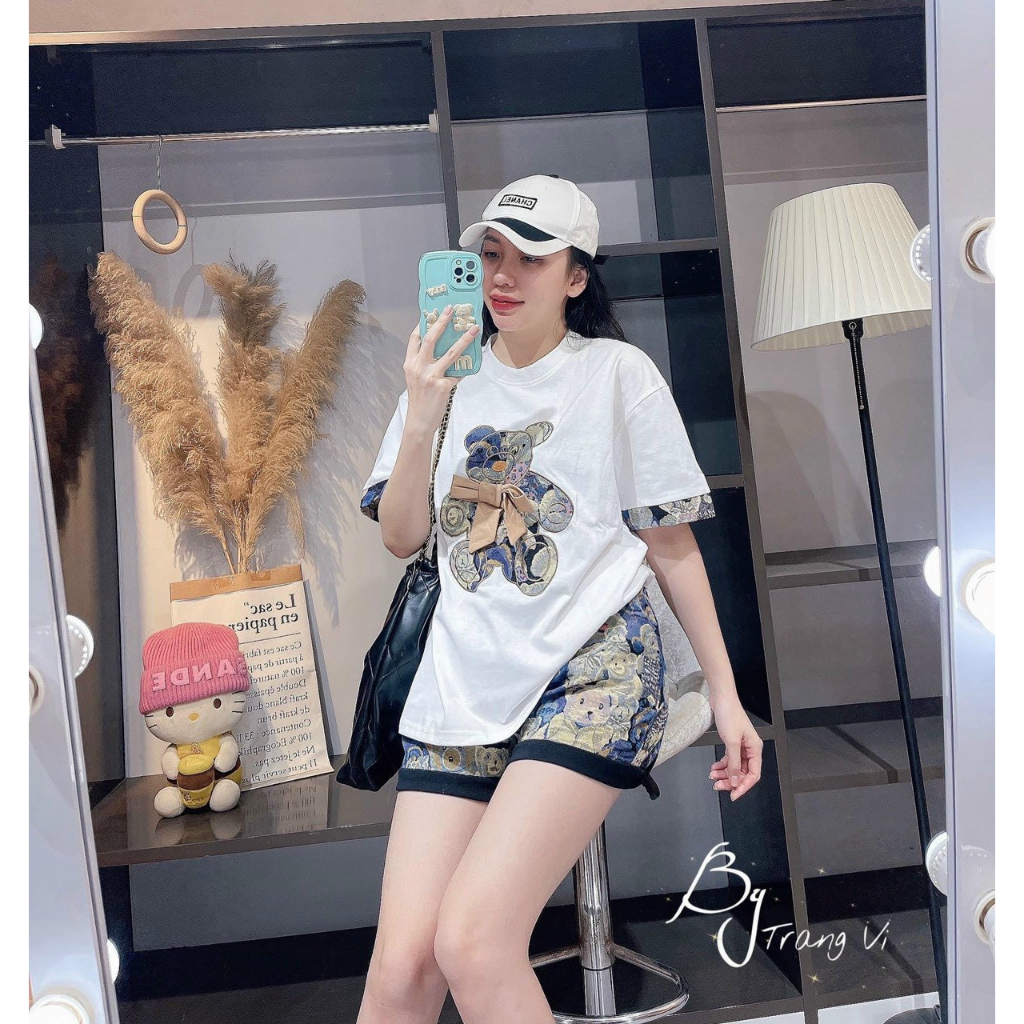 Sét bộ thun nữ phong cách trẻ,bộ đùi from rộng họa tiết 3D in Gấu cực xinh hàng quảng châu cao cấp