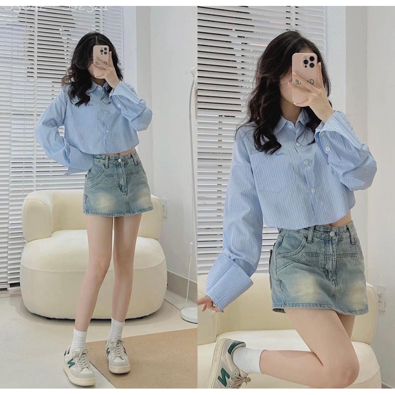 Quần váy jeans xanh, quần giả chân váy jeans xanh ngắn siêu hot phong cách sang chảnh dễ phối đồ