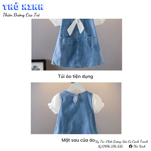 Váy Bò Cho Bé Gái Phối Tay Vải Sơ Mi Phong Cách Hàn Quốc