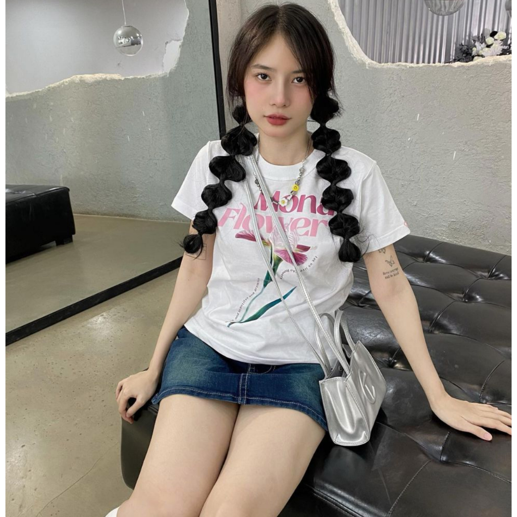 Áo thun baby tee in hoa Moná Fleur Trắng - StyleGenZ