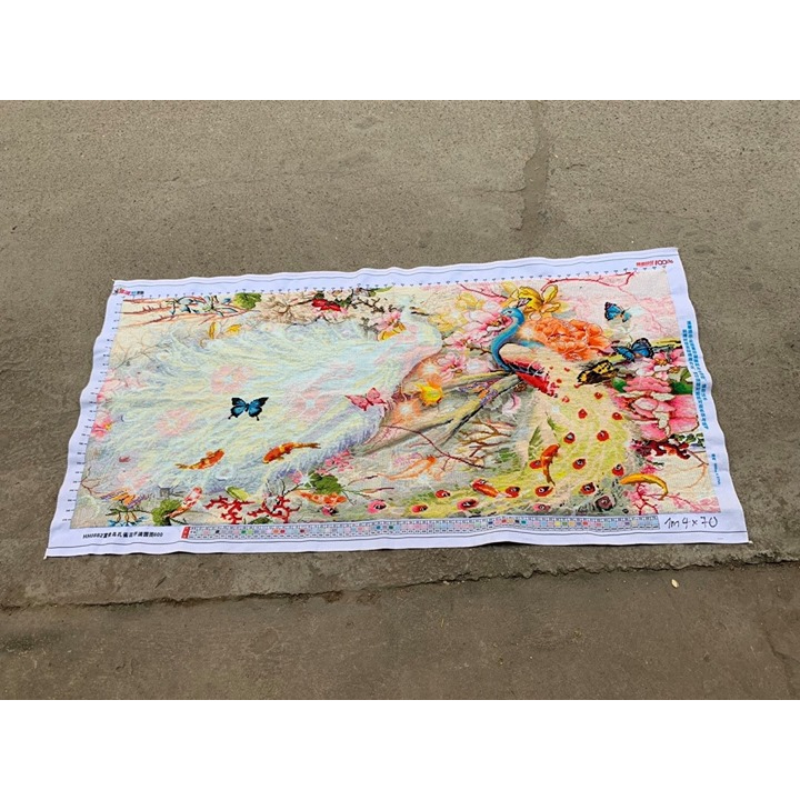 Tranh thêu chữ thập chim công phu thê viên mãn 1m48 và 194cm thêu kín