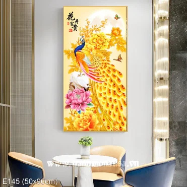 Tranh thêu chữ thập chim công phu thê viên mãn 1m48 và 194cm thêu kín