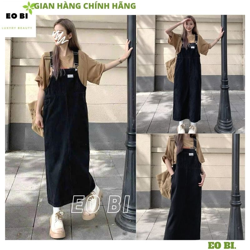 Yếm váy bò đen phối logo dáng dài phối đồ cực chất, Váy yếm jean form rộng có dây chỉnh màu sắc trẻ trung - EOBI
