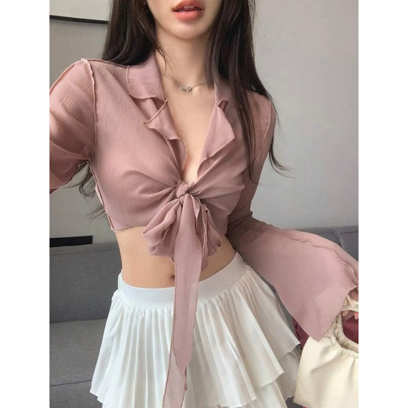 Áo sơ mi viền bèo thắt nơ ngực