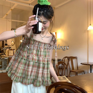 Áo 2 dây nơ vai kẻ caro viền bèo áo kẻ hai dây dáng babydoll freesize s014